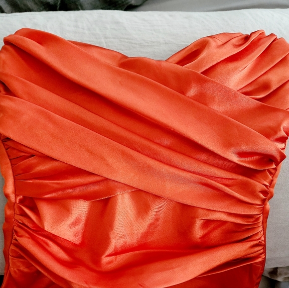 Orange Satin Strapless Mini Dress with Slit - Picture 3 of 4